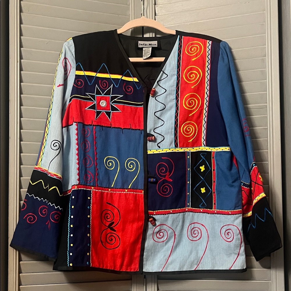 Indigo Moon Colorful Embroidered Patchwork Jacket, Boxy Boho Style, Sz S